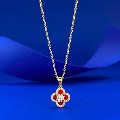 Ricady Jewel S925 Silver Clover Red Agate Necklace - Adjustable, Office Style