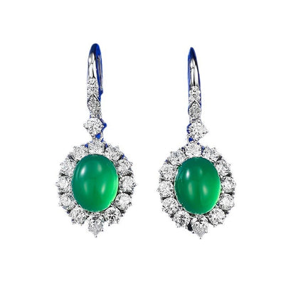 925 Silver Stud Earrings, 8x10mm Simulated Green Chalcedony, Luxury Inlay Design