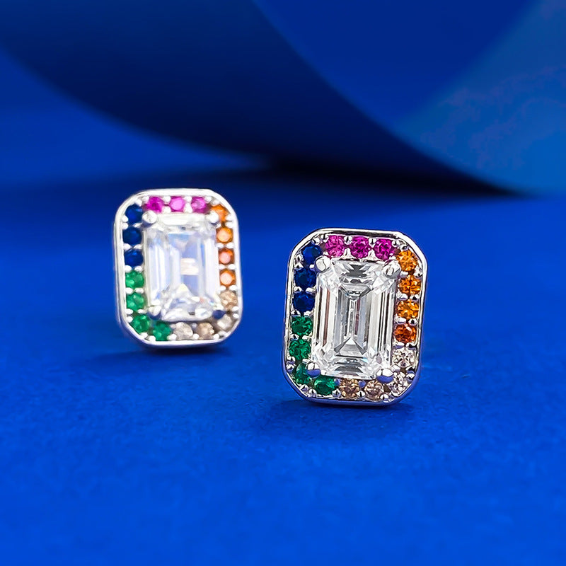 925 Sterling Silver Rainbow Square Stud Earrings with 4*6 White Zircon - Trendy & Elegant