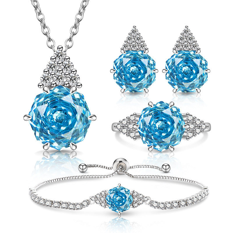 Rose Cut Jewelry Set: Sparkling High Carbon Diamond Ring Earrings Necklace Pendant Bracelet