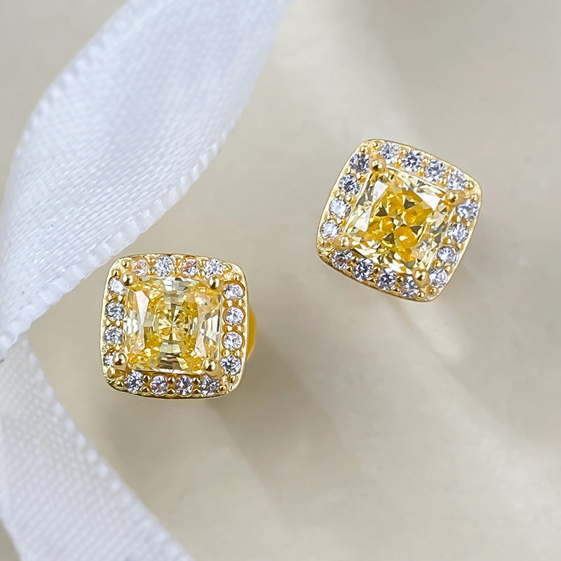 S925 Silver Yellow Diamond Stud Earrings, Radiant Princess Cut, Dainty & Versatile for Daily Wear