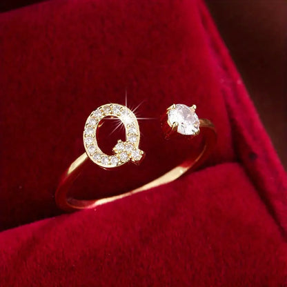 26 Letter Micro-Pave Zircon Ring for Women - 14K Gold Plated Copper Open Plain Band