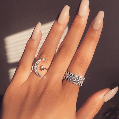 Ricady Jewel Crescent Moon & Star Ring - Light Luxury Open Engagement Band