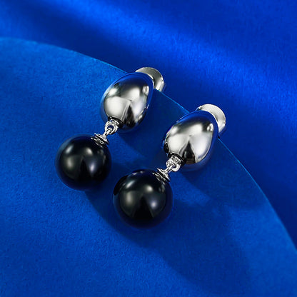 S925 Silver Earrings with 10mm Black Agate & Pearl, Gold-Plated, Minimalist Fashion