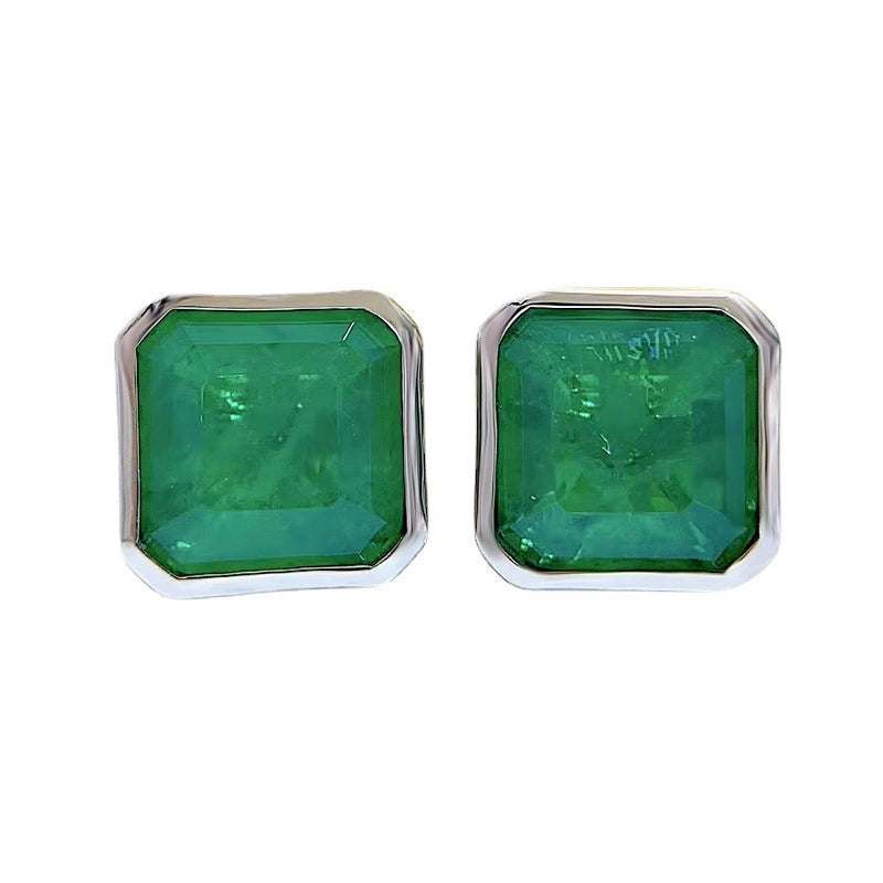 3CT Simulated Emerald Stud Earrings for Women, Silver Edge Setting
