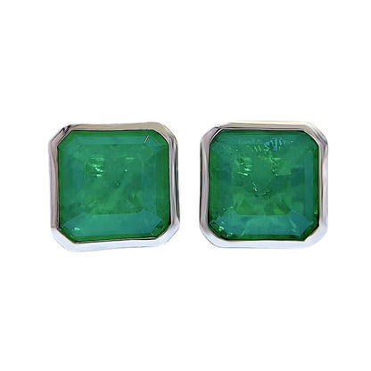 3CT Simulated Emerald Stud Earrings for Women, Silver Edge Setting