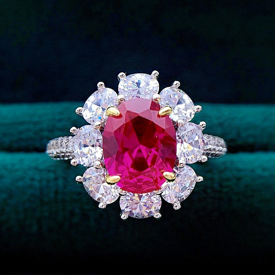 Sunflower Cut S925 Silver Ring | 2ct Egg-Shaped Red CZ, Cabochon Style