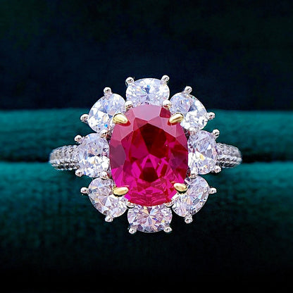 Sunflower Cut S925 Silver Ring | 2ct Egg-Shaped Red CZ, Cabochon Style