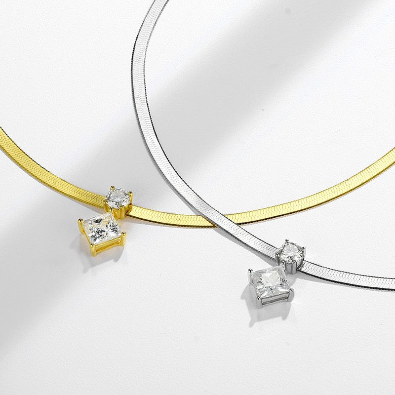 Ins Style 925 Silver Snake Chain Necklace with 1.5ct Princess Cut Moissanite for Women (Layerable)