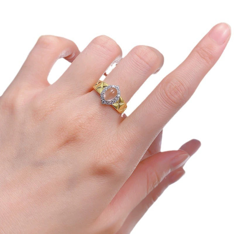925 Silver Gold-Plated 5*7mm High Ice Jade Cabochon Ring - New Chinese Aesthetic