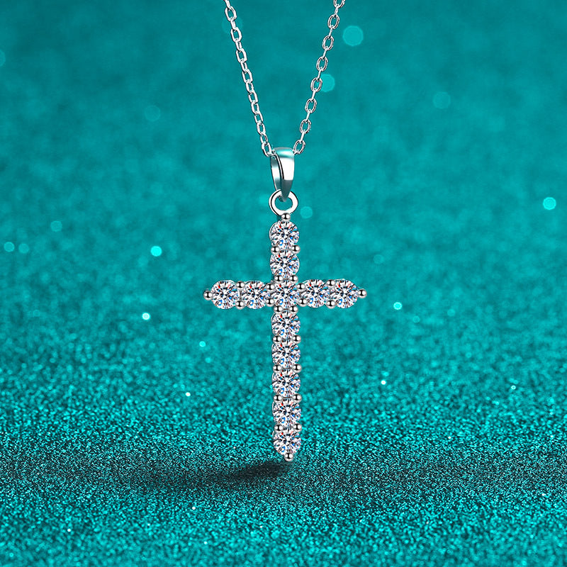 925 Sterling Silver Moissanite Cross Necklace - Ethnic Vintage Style