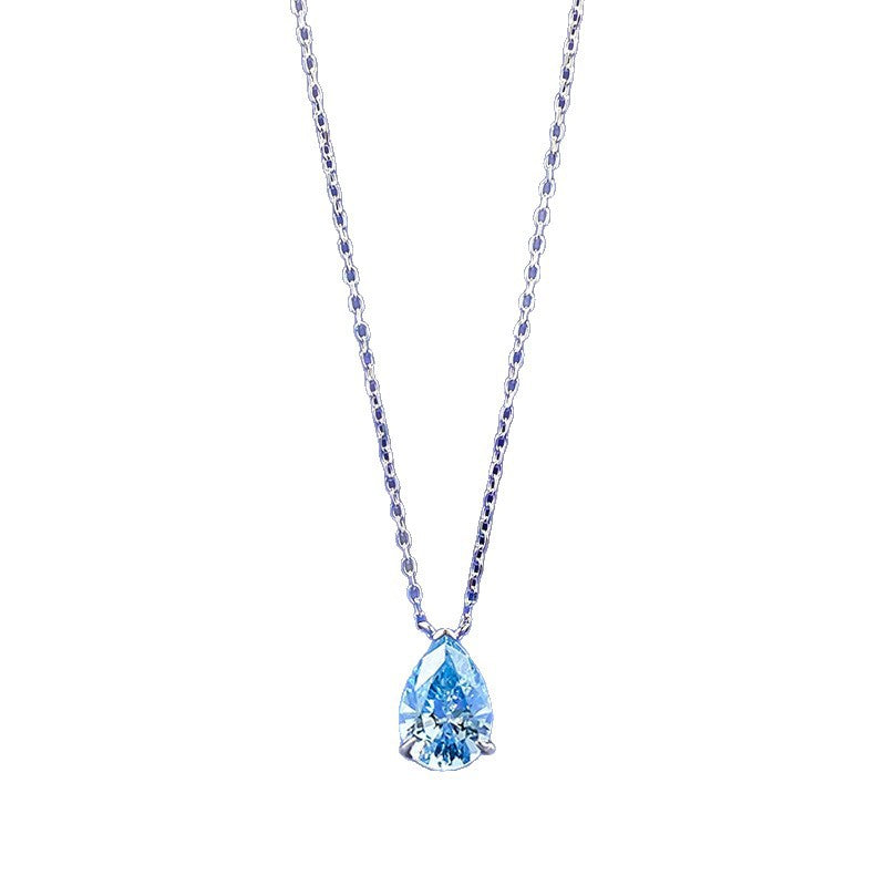 S925 Silver Ocean Blue Pear Pendant Necklace by Ricady - 7x10mm, Adjustable Bead Chain