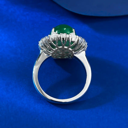 925 Silver Plated 10*12mm Green Chalcedony Cabochon Ring - Elegant Style