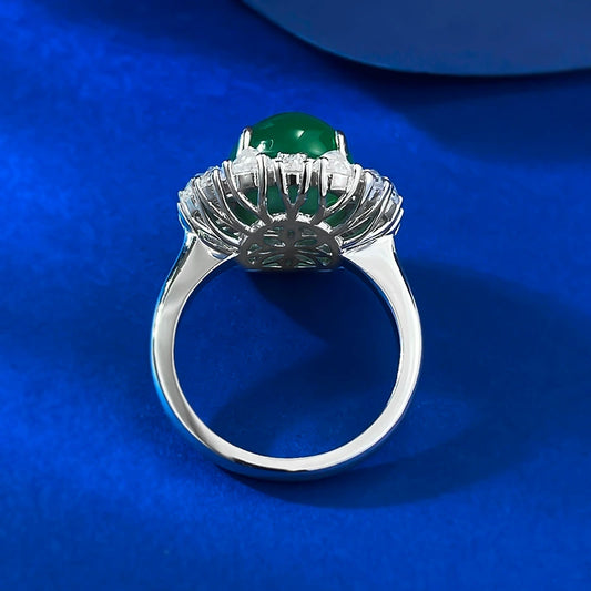 925 Silver Plated 10*12mm Green Chalcedony Cabochon Ring - Elegant Style