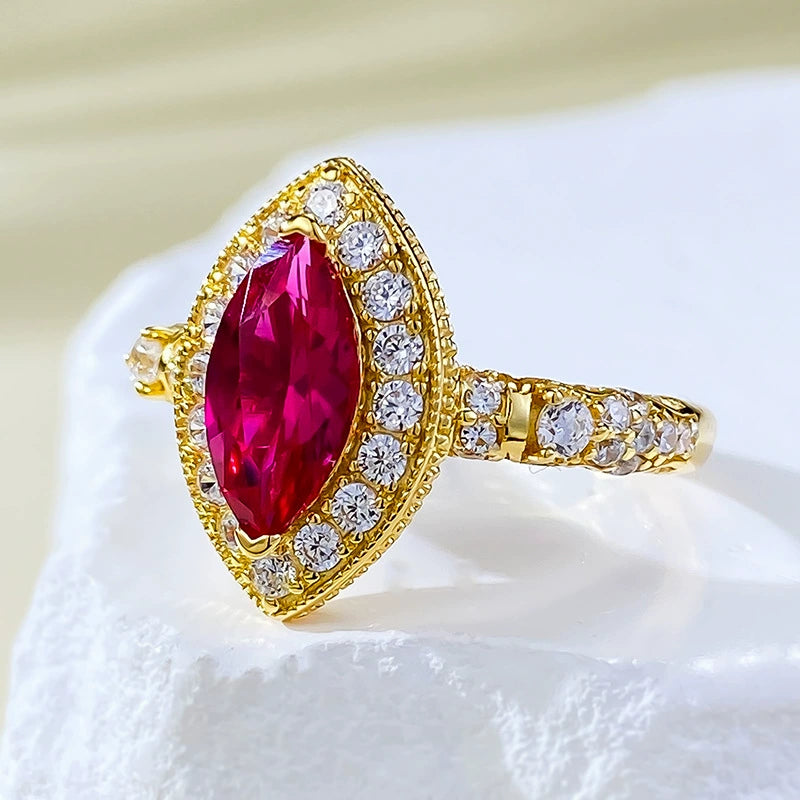 925 Sterling Silver Gold Plated Vintage Pigeon Blood Corundum Ring (5x10mm Marquise)