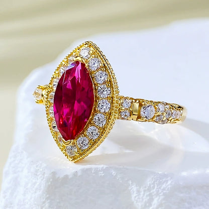 925 Sterling Silver Gold Plated Vintage Pigeon Blood Corundum Ring (5x10mm Marquise)