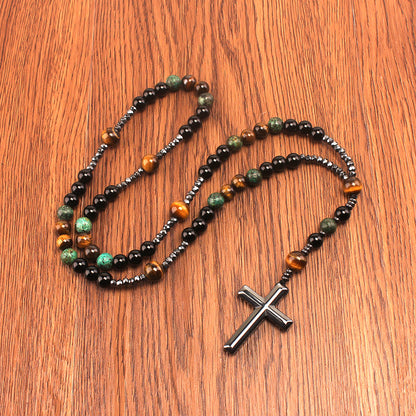 Natural Stone Bead Cross Pendant Necklace - Vintage Artisan Design