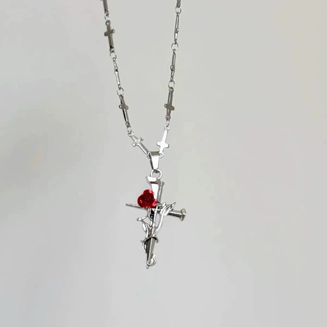 Rose Cross Pendant Necklace in Stainless Steel