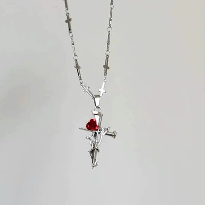 Rose Cross Pendant Necklace in Stainless Steel