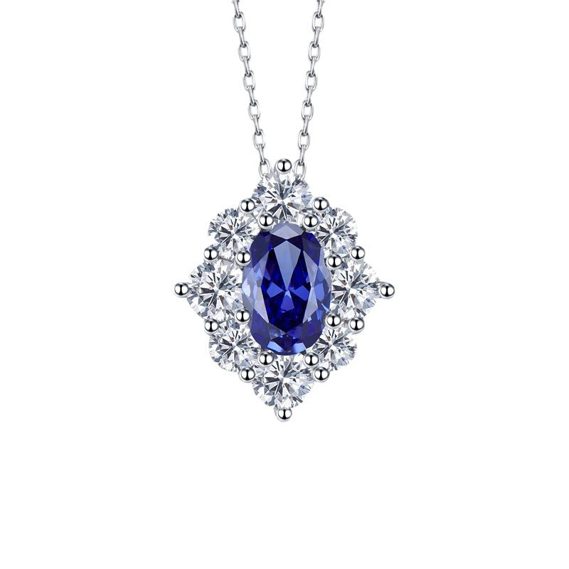925 Silver Necklace with Sapphire Flower Pendant | 40+3cm Geometric Design