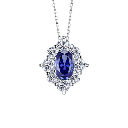 925 Silver Necklace with Sapphire Flower Pendant | 40+3cm Geometric Design