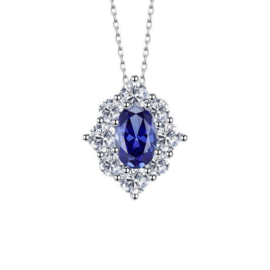 925 Silver Necklace with Sapphire Flower Pendant | 40+3cm Geometric Design