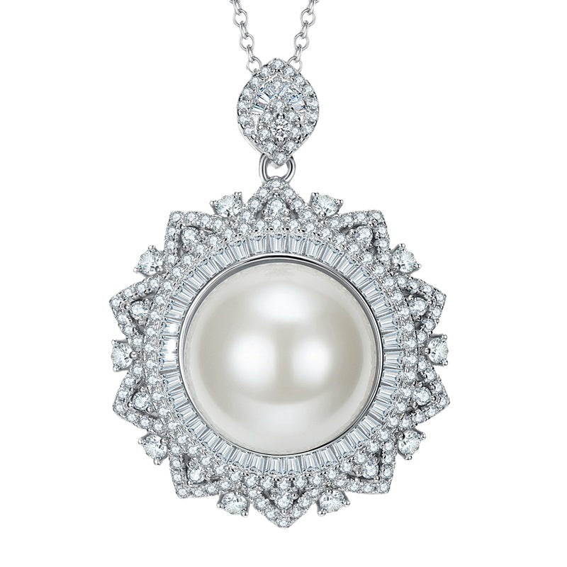 Ricady Jewel 16mm Shell Pearl Necklace - 8ct Pave Sunflower Pendant