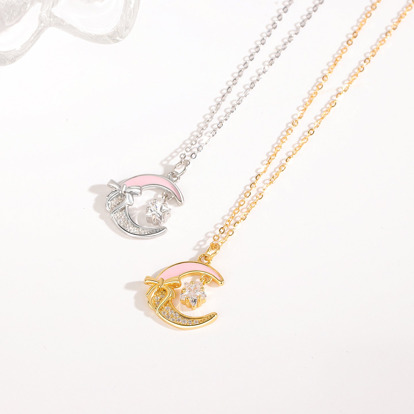 S925 Sterling Silver Star Moon Necklace for Women, Pink Enamel Bowknot, Dainty Minimalist Design