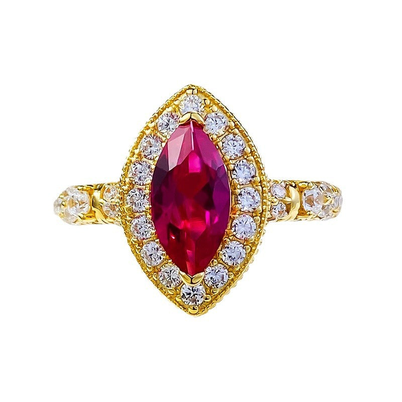 925 Sterling Silver Gold Plated Vintage Pigeon Blood Corundum Ring (5x10mm Marquise)