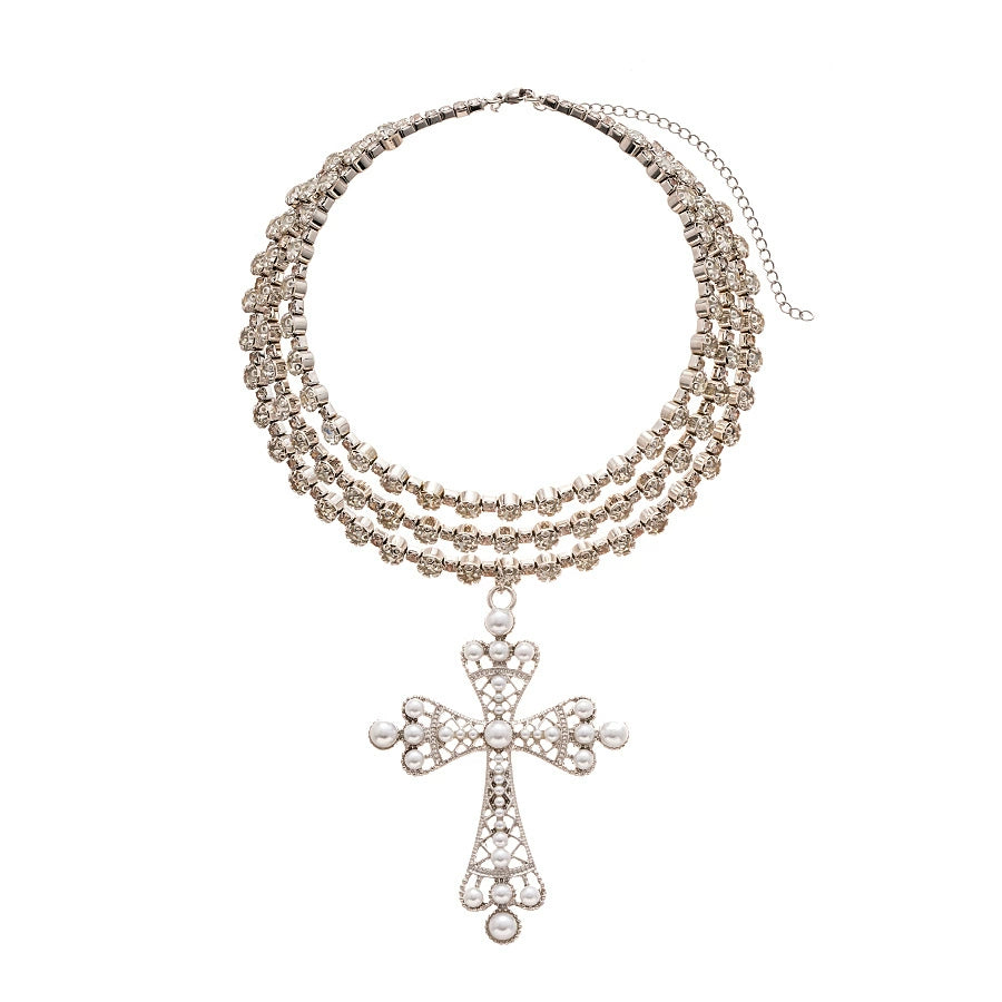 Layered Pearl Cross Necklace with Rhinestones - European Fashion