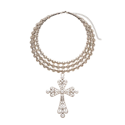 Layered Pearl Cross Necklace with Rhinestones - European Fashion