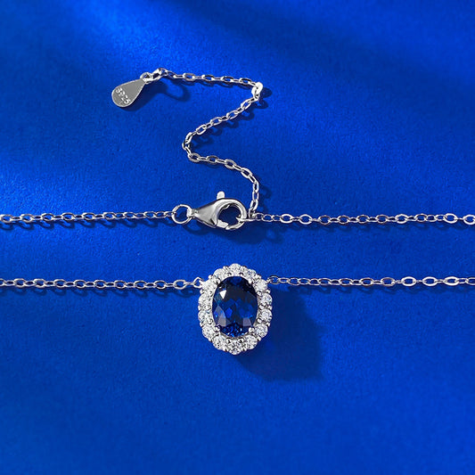 925 Silver Necklace with Blue Corundum Oval Pendant | Elegant European & American Style (40+5cm)