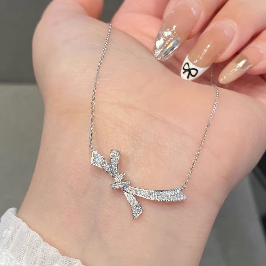 Women's Bow Moissanite Necklace - Premium Craft Full Diamond Dainty Design