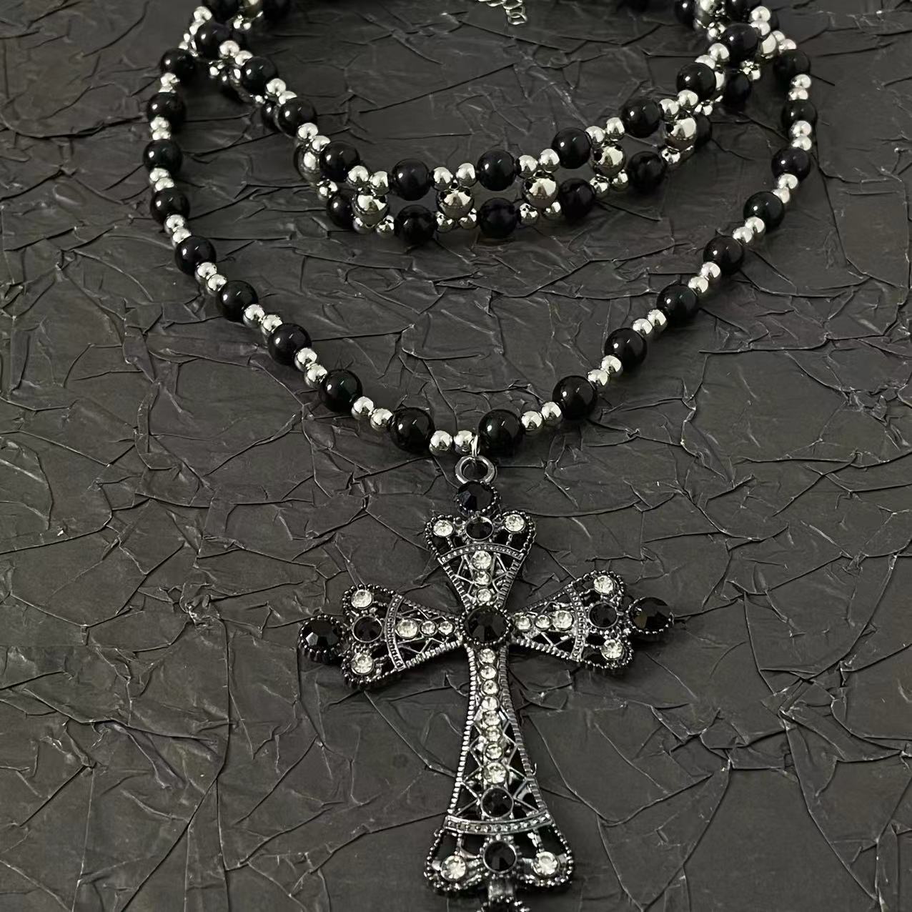 Layered Beaded Cross Choker Necklace - Sweet & Cool Style