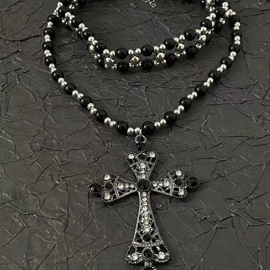 Layered Beaded Cross Choker Necklace - Sweet & Cool Style