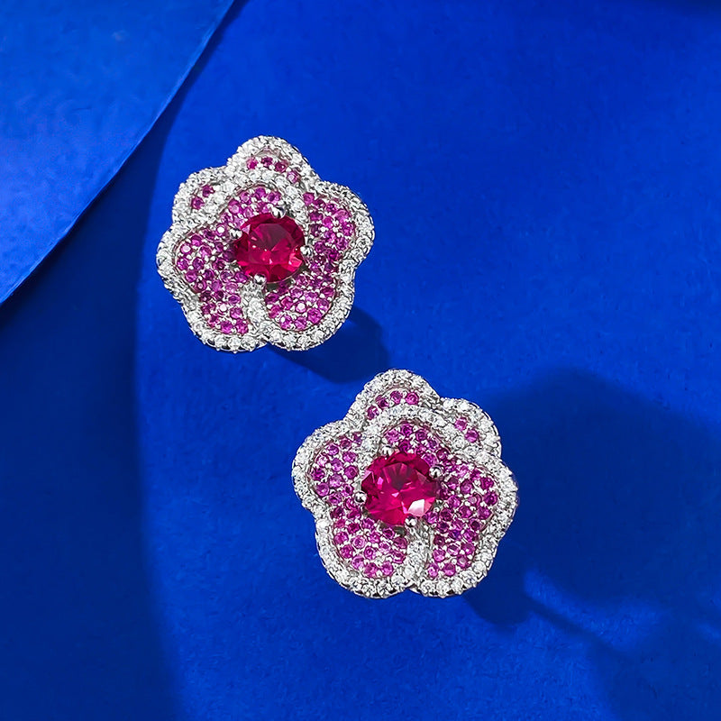 Optimized Title for European & American Markets: Pigeon Blood Red Round Zircon Stud Earrings - Elegant & Noble