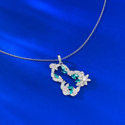 S925 Silver Vine Flower Gourd Necklace, Paraiba Style, Lucky Charm