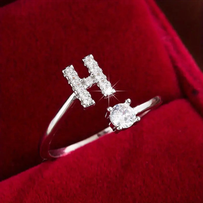 26 Letter Micro-Pave Zircon Ring for Women - 14K Gold Plated Copper Open Plain Band