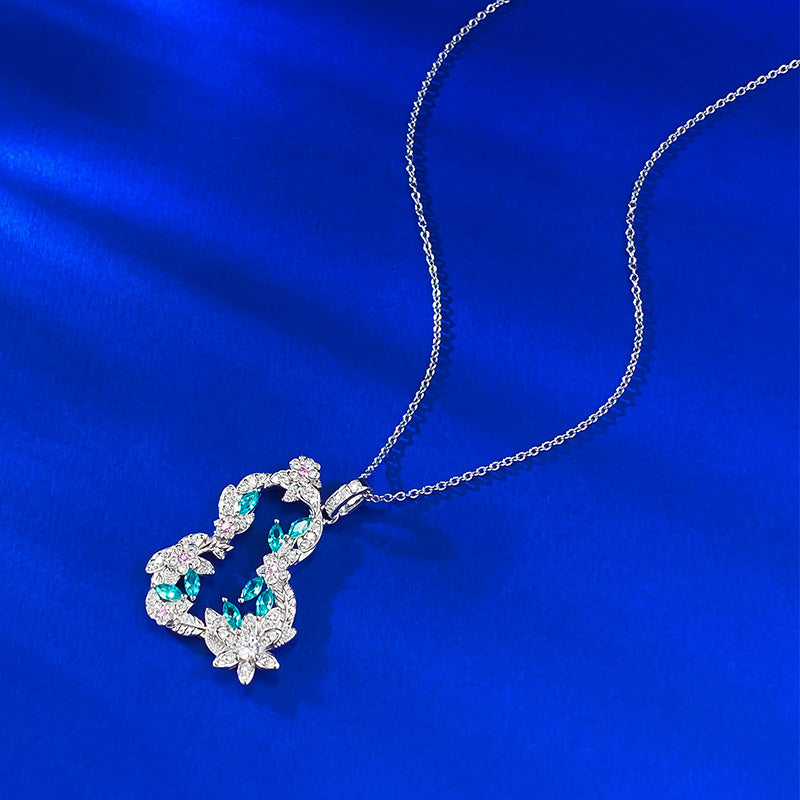 S925 Silver Vine Flower Gourd Necklace, Paraiba Style, Lucky Charm