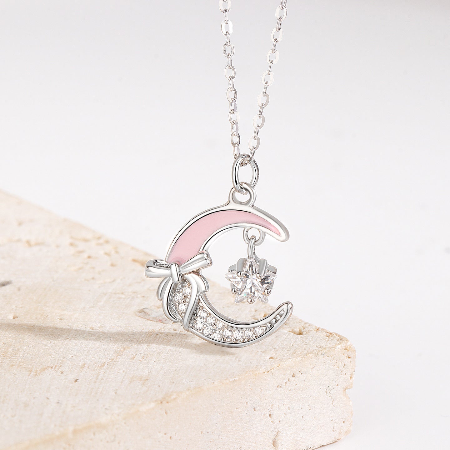 S925 Sterling Silver Star Moon Necklace for Women, Pink Enamel Bowknot, Dainty Minimalist Design