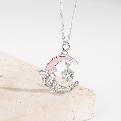 S925 Sterling Silver Star Moon Necklace for Women, Pink Enamel Bowknot, Dainty Minimalist Design