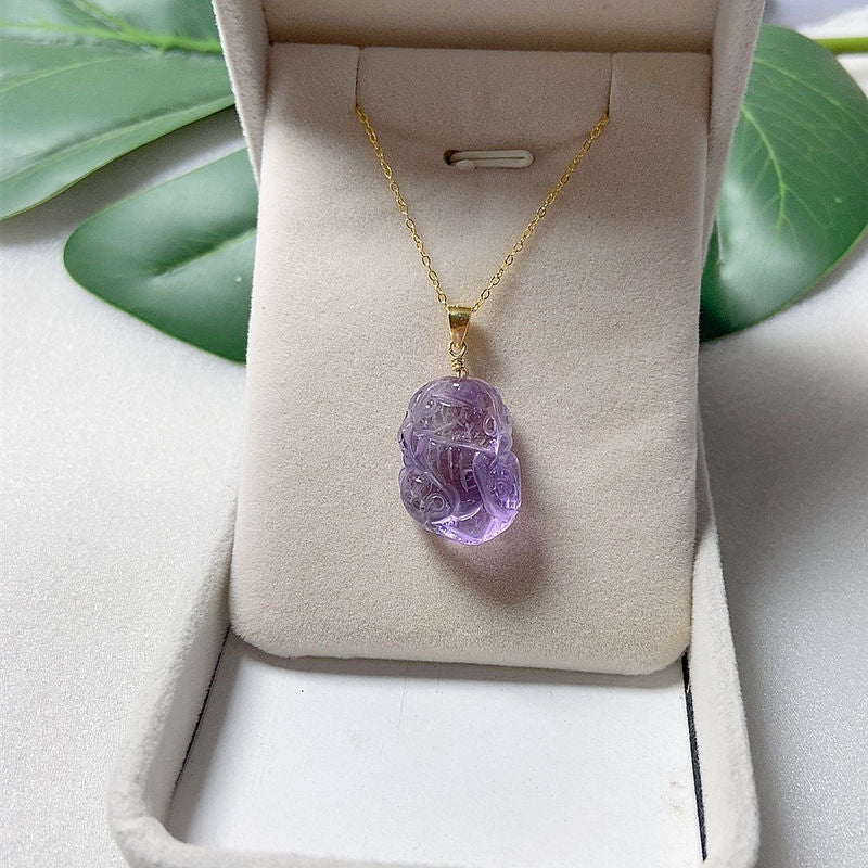 Natural Amethyst Pixiu Pendant Necklace - Prosperity Charm