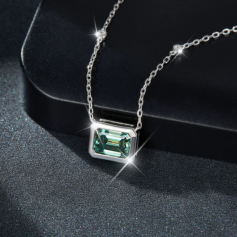 Ricady Jewel 6×8mm Emerald-Cut Blue-Green Moissanite Pendant - S925 Silver 18K Gold-Plated Choker