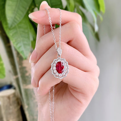 S925 Silver Simulated Ruby Necklace | 7x9mm Oval | Ins Style