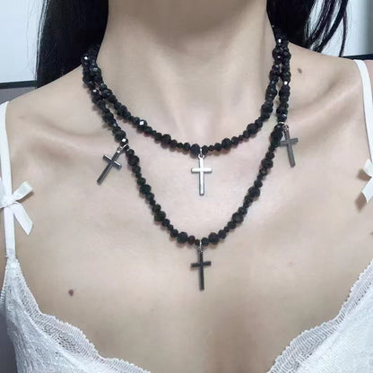 Layered Beaded Cross Choker Necklace - Sweet & Cool Style