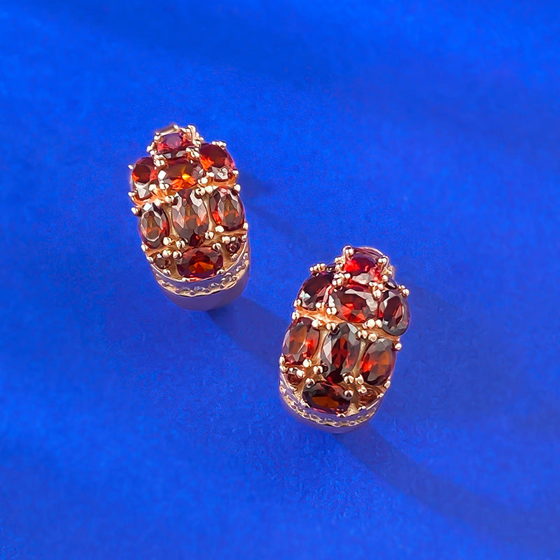 S925 Silver Garnet Red Stud Earrings, 3-Row Full CZ, Retro Statement Design