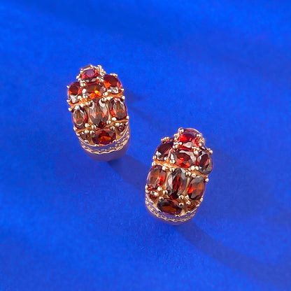 S925 Silver Garnet Red Stud Earrings, 3-Row Full CZ, Retro Statement Design