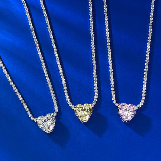 S925 Sterling Silver Pave Pink Stone Heart Necklace for Women