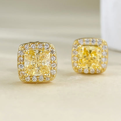 S925 Silver Yellow Diamond Stud Earrings, Radiant Princess Cut, Dainty & Versatile for Daily Wear