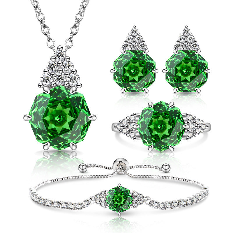 Rose Cut Jewelry Set: Sparkling High Carbon Diamond Ring Earrings Necklace Pendant Bracelet